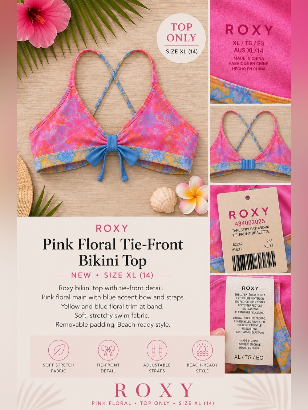 Roxy Pink Floral Tie-Front Bikini Top with Blue and Yellow Trim NEW XL 14
